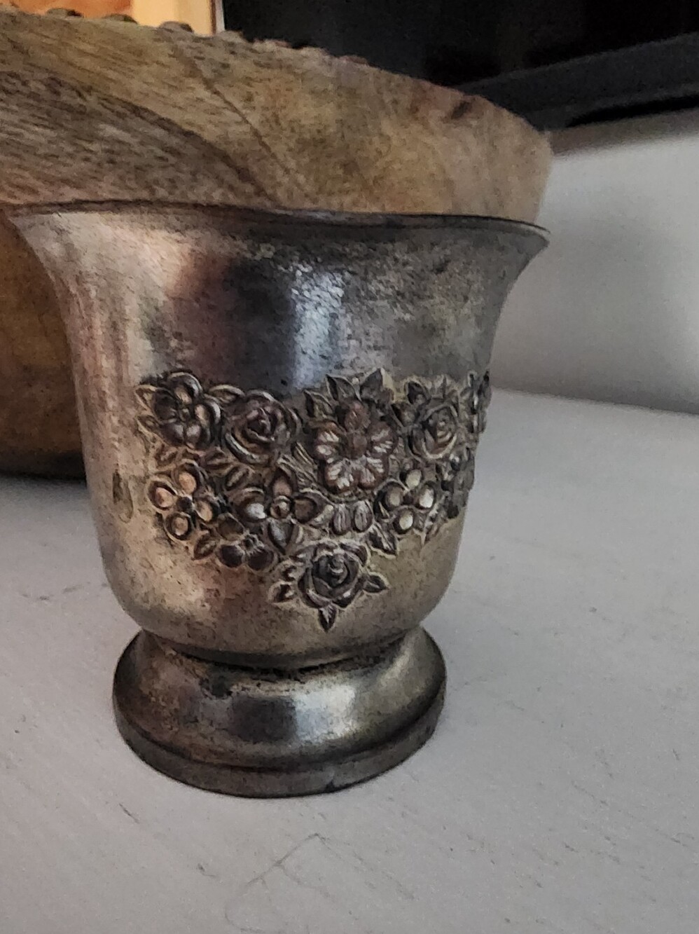 Ornate Floral Metal Vase in Antique Silver